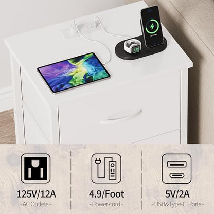 Vagusicc Nightstand with Charging Station, Bedside Table with USB Ports and Outlet, End Table Side Table with 2 Fabric Drawers for Bedroom, Living Room, White - color: White (1 Pack)