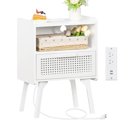 Lerliuo Rattan Nightstand with Charging Station, Side Table with Drawer Open Shelf, Cane Accent Bedside End Table with Solid Wood Legs, Night Stand for Bedroom, Dorm and Small Spaces (White) - color: White, size: 1 pack