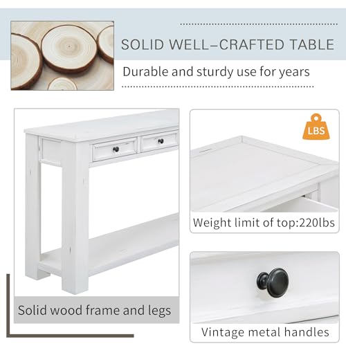 LKTART 63" Console Table for Entryway,Solid Wood Sofa Table with 4 Drawers | 2-Tier Solid Pine Wood Sofa Table,63" Entryway Table with Drawers ,Farmhouse Console Table for Hallway,Foyer,Antique White - color: Antique White