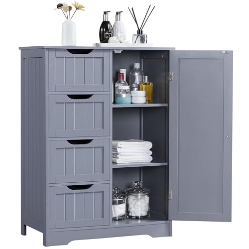 Yaheetech Bathroom Storage Cabinet with 4 Beadboard Drawers and Door, Gray | Floor Cabinet Hides Towels and Toiletries in Small Baths, Halls or Living Rooms, Adjustable Shelf, MDF, 26 x 14 x 35.5 in - color: Grey, size: 26 x 14 x 35.5 In (LxWxH)