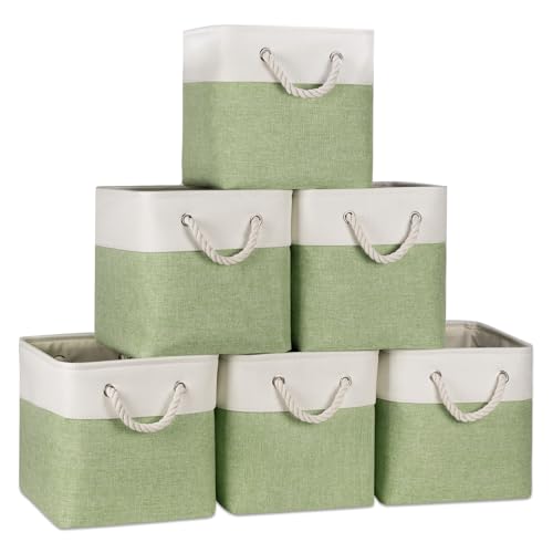 Temary 11 Inch Cube Storage Bins - 6 Pack Foldable Fabric Storage Baskets with Soft Rope Handles, Sturdy Organizer Cubes with Metal Frame for Shelves, Closet, Office & Home Organization (White&Green) - color: White&Green, size: 11(L) x 11(W) x 11(H)
