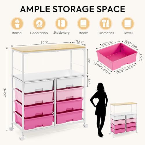 Rolling cart with 8 drawers,Storage drawer cart with wooden tabletop,Lockable wheels organizer for homeschool, arts & crafts, classroom, office & creative spaces (Pink) - color: Pink