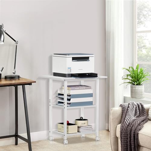 Lerliuo 3-Tier Printer Stand, Industrial Mobile Printer Table with Storage Shelf and Steel Frame, Rolling Printer Cart Holder with Lockable Wheels for Home, Office (White) | White Mobile Printer Cart Holder for Home Office, Lockable Wheels, Open Storage S