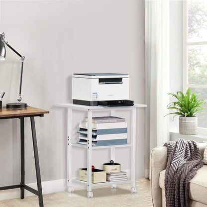Lerliuo 3-Tier Printer Stand, Industrial Mobile Printer Table with Storage Shelf and Steel Frame, Rolling Printer Cart Holder with Lockable Wheels for Home, Office (White) | White Mobile Printer Cart Holder for Home Office, Lockable Wheels, Open Storage S