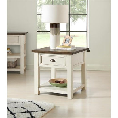 Martin Svensson Home Monterey Solid Wood End Table, Cream White and Brown | Farmhouse Rustic, Coastal Side Table, Drawer and Shelf - color: Cream White With Brown Top