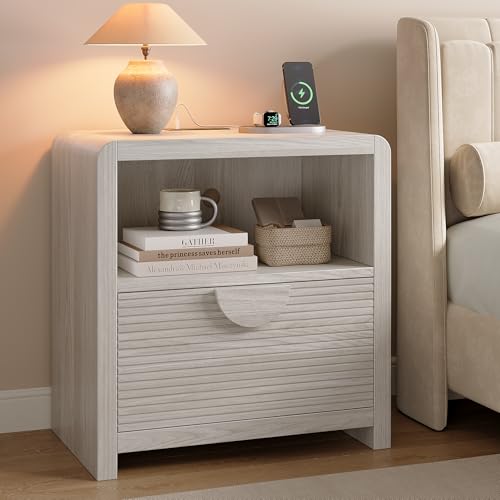Fluted Nightstand with Charging Station, 23" Wide Wood Bedside Table with Drawer and Open Compartment, Mid Century End Table for Bedroom, Home Office, Walnut - color: Gray Oak, size: 1 pc