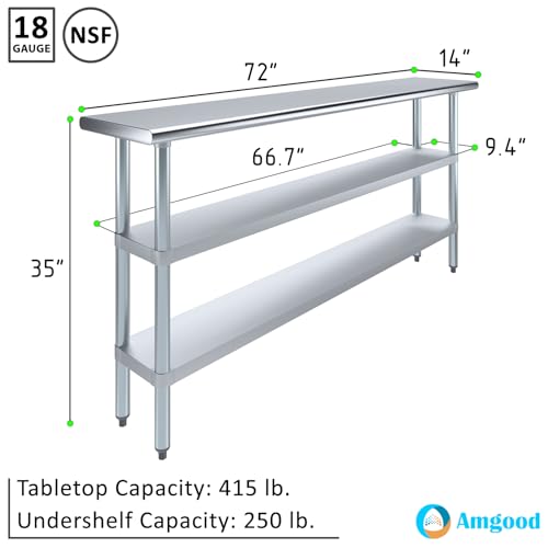 Stainless Steel Work Table with 2 Shelves | Metal Utility Table | Commercial & Residential NSF Utility (Stainless Steel Table with 2 Shelves, 72" Long x 14" Deep) - size: 72" Long x 14" Deep