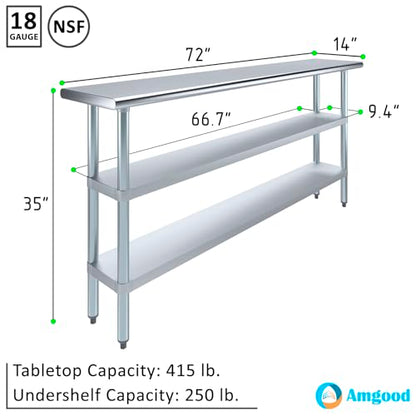 Stainless Steel Work Table with 2 Shelves | Metal Utility Table | Commercial & Residential NSF Utility (Stainless Steel Table with 2 Shelves, 72" Long x 14" Deep) - size: 72" Long x 14" Deep