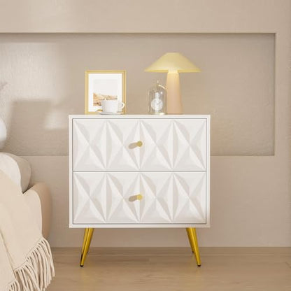 Nightstand Set of 2, White and Gold Nightstands with 2 Diamond Pattern Drawers, Modern End Table Side Table with Gold Handle & Legs for Bedroom