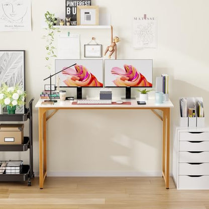 Dkelincs 47 Inch Computer Desk Home Office Desk Gaming Writing Desk Modern Simple Style Study Work Table with Metal Frame, Large Legroom, Adjustable Feet, Water-Resistant, Scratchproof Surface, Gold - color: Gold, size: 47 Inch
