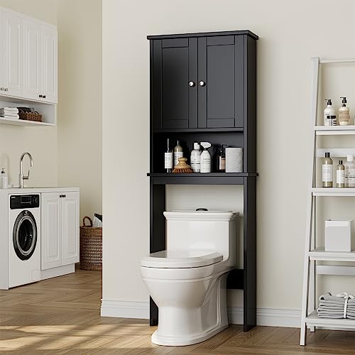 Over the Toilet Storage Cabinet for Bathroom, Black Bathroom Over Toilet Cabinet Freestanding Storage Organizer, Space Saver with Doors and Adjustable Shelf, Black - color: Black, style: Wood Doors
