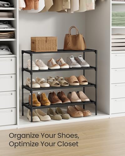 SONGMICS 4-Tier Shoe Rack for Closet, Compact Metal Shoe Organizer Shelf for Entryway, Bedroom, Small Spaces, Stackable, 11.8 x 24.5 x 26 Inches,Black ULSA124BH01 - size: 4 Tiers (24.5"W)