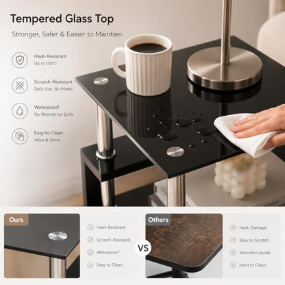 Meihua Tempered Glass End Table, Black Modern Square Side Table with Metal Frame, 2-Tier Glass Accent Table for Living Room, Bedroom, Apartment & Small Spaces - color: Black, size: 1pc