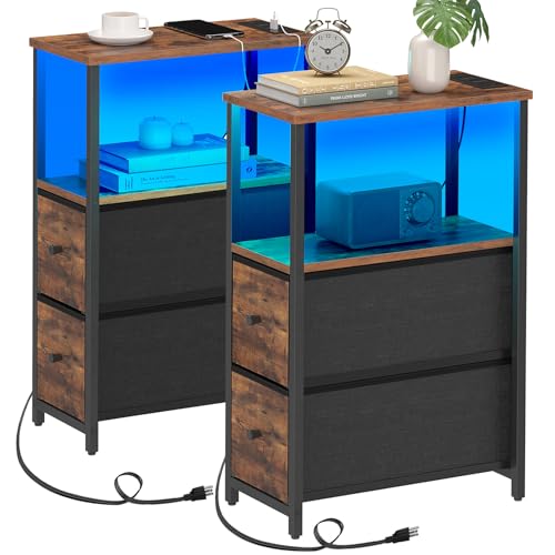TUTOTAK Small Narrow LED End Table with Charging Station, Side Table Outlets, Nightstand with 2 Cloth Drawers, Set of 2, Couch Table, for Living Room, Bedroom, Bedside, Brown TB01BB056 - color: Brown, style: 2 Drawers with Plug & Light
