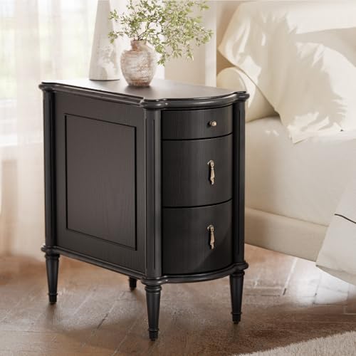 STO'SENSE Nightstand w/Charging Station & 3 Drawers, Pre-Assembled, Vintage Side Table w/Antique-Finished Pulls, Rustic Wood Finish, Narrow End Table w/Turned Legs for Bedroom (1, Black) - color: Black