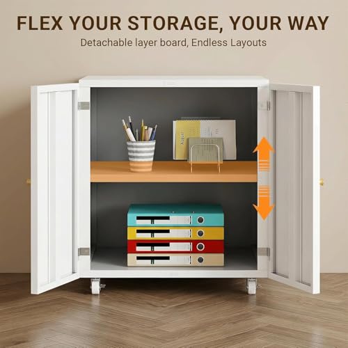 Metal Printer Stand with Storage Cabinet & Wheels, Heavy Duty Rolling Printer Cart with Adjustable Shelf, Large Printer Table for Home Office, Under Desk Printer Cabinet, White 23.6” H