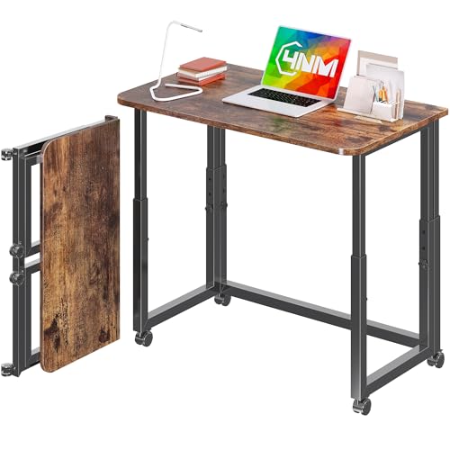 4NM No Tool Assembly 31.5" Small Desk, Folding Portable Desk with Wheels, Adjustable Height Foldable Computer Home Office Desks, Collapsible Study Writing Table for Space Saving Bedroom - Rustic Brown - color: Rustic Brown Black, size: 31.5"