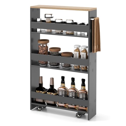 4-Tier Slim Rolling Storage Cart, Wooden Kitchen Utility Cart with Wheels & Handle, Space Saving Trolley, Slide Out Shelving Unit for Narrow Spaces, Laundry, Bathroom (Grey + Natural) - color: Grey + Natural