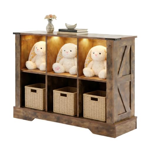 6 Cube Storage Organizer with LED Lights, Wooden Cube Bookcase with Back Panel, Brown Cube Shelf Freestanding Bookshelf, Hallway TV Stand for Living Room, Bedroom, Office - color: Brown, size: 6-cube