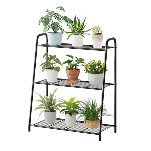 Kitsanery Metal Plant Stand Indoor Outdoor for Multiple Plants,3 Tier Plant Shelf,Large Heavy Duty Flower Holder Ladder Plant for Living Room, Patio, Balcony (Black) - color: Black