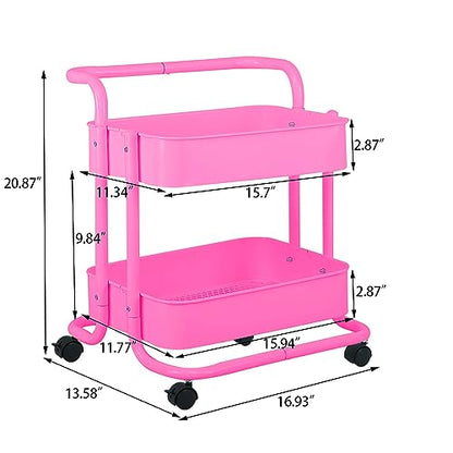 Melody House 2-Tier Metal Mesh Rolling Cart Storage Organizer with Utility Handle and Wheels, Multi-Functional Storage Trolley for Office Living Room Kitchen, Pink