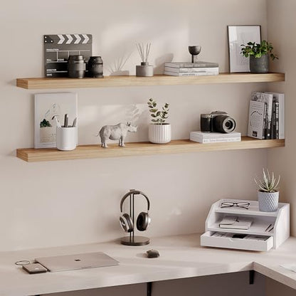 Ballucci Floating Shelves, 55" Wood Wall Shelf Set of 2, with Invisible Brackets for Bathroom, Living Room, Bedroom, Kitchen, Nursery, 6" Deep, Oak - color: Natural Oak, size: 55.1 inches