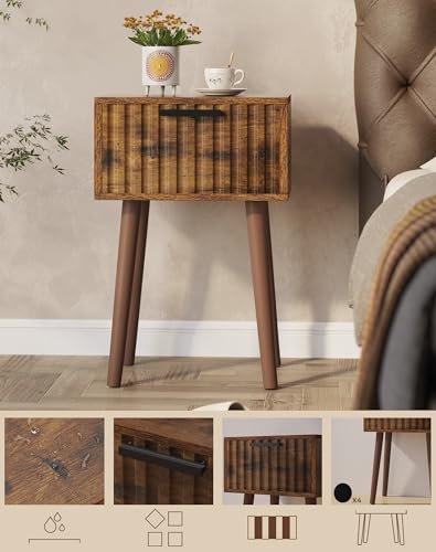 YMYNY Fluted Nightstand Set of 2, Small End Table, Modern Coffee Table with Drawer, Solid Wood Legs, Retaining Chain, 13.8" x 10.6" x 20.9", for Bedroom and Small Spaces, Rustic Brown UHST014H-2 - color: Rustic Brown