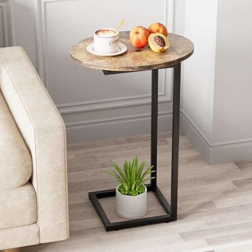 C Shaped End Table,Oval Couch Sofa Side Table for Bed Slide Under Couch, Wood Small Round Snack Table with Metal Frame, TV Tray Table for Small Space, Living Room,Easy Assembly(Brown) - color: Oak Brown+black