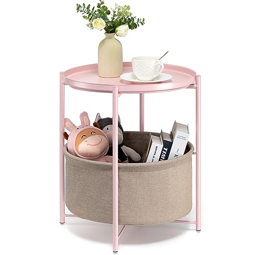 danpinera Pink Round Side Table with Fabric Storage Basket,Small Sofa Table | Metal Modern Nightstand for Small Space, Bedroom, Nursery, Accent Metal Table with Removable Serving Tray, 20.47 in Tall - color: Light Pink