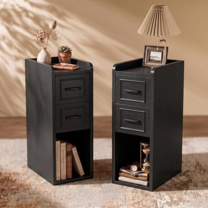 Narrow Nightstand Set of 2, Modern Small Bedside Table with Drawers & Open Shelf, Modern End Table for Bedroom Small Spaces, Apartments, Renters, Black - color: Narrow Black