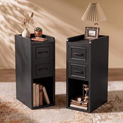Narrow Nightstand Set of 2, Modern Small Bedside Table with Drawers & Open Shelf, Modern End Table for Bedroom Small Spaces, Apartments, Renters, Black - color: Narrow Black