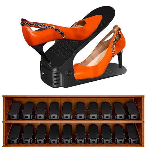 20 Pack Adjustable 50% Space-saving Shoe Slots Organizer, Black | Save shoe cabinet space, Anti-slip, Easy to clean, Four level height, for slippers, sports shoes, sneakers, heels - color: Black, size: 20PCS