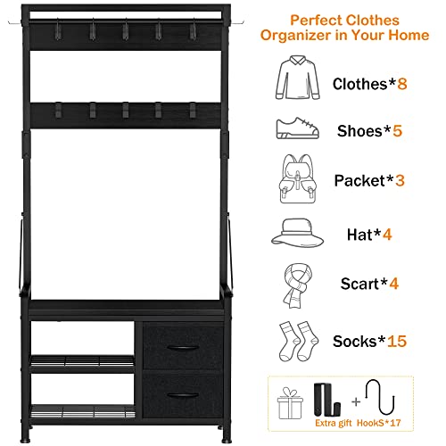 Lulive Hall Tree with Bench and Shoe Storage, 31.5” Coat Rack Freestanding | Black, 5 in 1 Intelligent Design, 17 Hooks, 2 Drawers, Handy Clothes Rail - color: Black, size: 11.8"D x 31.5"W x 70.9"H