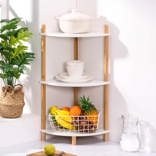 3-Tier Expandable Bamboo Corner Shelf Stand,Corner Bookshelf, Display Storage Shelves with Open Shelves, for Organization and Storage, Living Room, Home Office, Garage (White, 3-Tier) - color: White 3-tier
