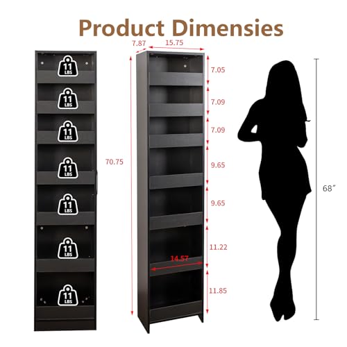 7-Tier Slim Mobile Shelving Cart with Wheels, Rolling Pantry with 7 Baskets, Narrow Pull-Out Utility Cart, Space Saving Storage Organizer Carts for Kitchen Living Room Bathroom Narrow Spaces, Black - size: Black & 7.87"D x 15.75"W x 70.75"H