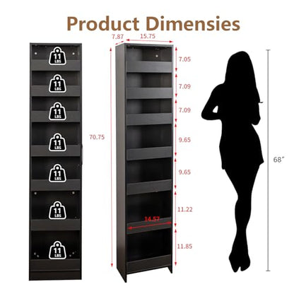 7-Tier Slim Mobile Shelving Cart with Wheels, Rolling Pantry with 7 Baskets, Narrow Pull-Out Utility Cart, Space Saving Storage Organizer Carts for Kitchen Living Room Bathroom Narrow Spaces, Black - size: Black & 7.87"D x 15.75"W x 70.75"H