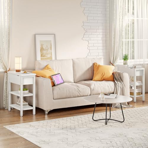 HOOBRO End Table with Charging Station, Narrow Side Table, Flip Top Nightstand with USB Ports and Outlets, Bedside Tables with Shelf for Small Spaces, Living Room, White WT341BZ01 - color: White
