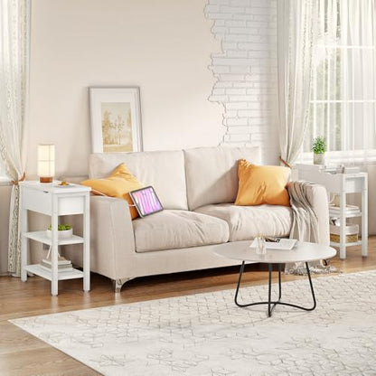 HOOBRO End Table with Charging Station, Narrow Side Table, Flip Top Nightstand with USB Ports and Outlets, Bedside Tables with Shelf for Small Spaces, Living Room, White WT341BZ01 - color: White