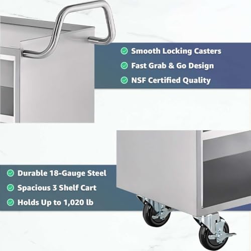 18" x 30" Stainless Steel Utility Cart with Enclosed Base and Open Front - 3 Shelf Heavy-Duty Commercial Service Cart - NSF Rolling Cart for Kitchen, Catering, Restaurant Storage - size: 3 Shelf