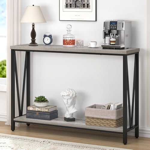 FOLUBAN Industrial Sofa Console Table, Rustic Wood and Metal Entryway Hallway Table for Living Room Entrance, 43.3 Inch Light Grey - color: Light Grey