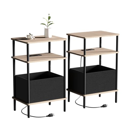 Small Side Table with Charging Station, Set of 2 End Table for Small Spaces, Slim Nightstand with Outlet,Sofa Beside Table, 3-Tier Storage Shelf,Living Room, Bed Room, Natrual Walnut - color: Natrual Walnut
