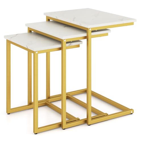 GOFLAME Nesting Coffee Tables Set of 3, Rectangular Nesting Center Table with Faux Marble Top & Metal Frame, Modern C-Shaped Nested Side Table Set for Living Room, Bedroom, Gold & White - color: Gold & White