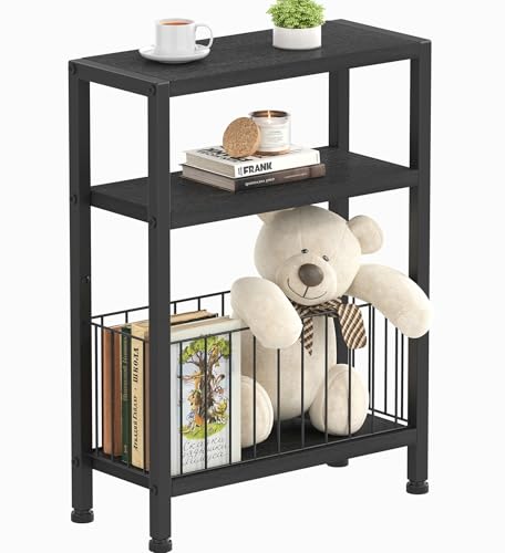 Heybly Small Narrow Side Table for Small Space, Thin Bedside TableHET007BK1 | Thin Bedside Table with Storage Basket, Slim Nightstand, Couch Table for Living Room, Bedroom, Study, Balcony, Black - color: Black-diy Basket