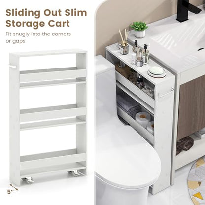 4-Tier Slim Rolling Storage Cart, Wooden Kitchen Utility Cart with Wheels & Handle, Space Saving Trolley, Slide Out Shelving Unit for Narrow Spaces, Laundry, Bathroom (White) - color: White