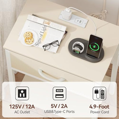 Vagusicc Nightstand Set of 2 with Charging Station, Bed Side Table with Fabric Drawer, Small End Table with 2-Tier Storage Shelves, 25.4" Tall Night Stand Bedside Table for Bedroom Living Room, Beige - color: Beige (2 Pack)