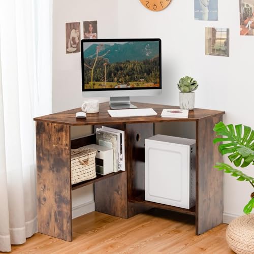 LDAILY Corner Desk, Space Saving 90 Degree Triangle Computer Desk with Storage Shelves & Cable Holes, Wood Compact Corner Writing Table for Small Spaces, Home Office, Bedroom & Living Room, Coffee - color: Coffee