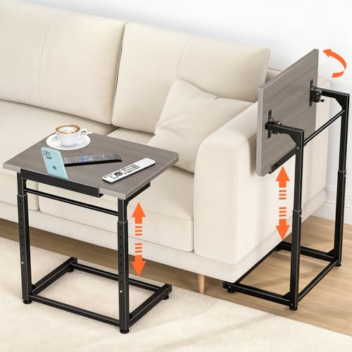 Tv Tray Table Set of 2, 8-Level Adjustable Height Couch Side Table，90° Tilt Angle Adjustments C-Shaped End Table, with Phone & Tablet Slot Computer Desk for Sofa, Bed, Chair, Living Room（Lvory Gray） - color: Lvory Gray, size: 2 pcs