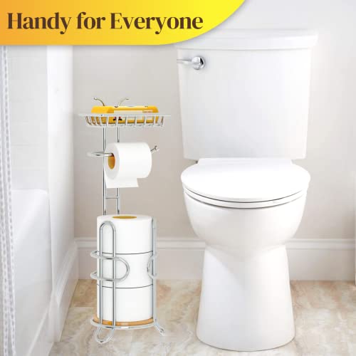 Toilet Paper Holder Stand, Free Standing Tissue Roll Storage Rack with Shelf for Bathroom, Chrome - color: Chrome With Bamboo