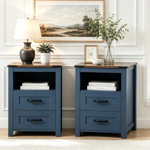 Farmhouse Night Stand Set of 2, Rustic Blue Nightstand for Bedroom, End Tables with Charging Station, Bedside Table with Drawers, Wood Bedside Cabinet Dresser - color: Blue, size: 2pcs with Charging