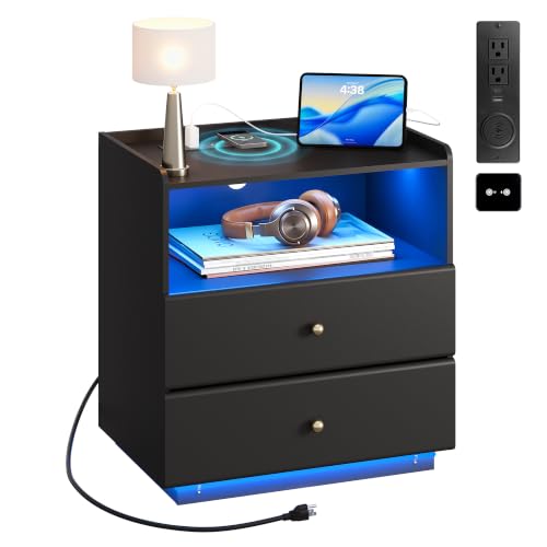 WLIVE LED Nightstand with Wireless Charging Station, Motion Sensor LED Bedside Table, 2 Drawers and 1 Open Storage Shelf, Modern Night Stand for Bedroom & Gaming Room, Black - color: Black, size: 2 Drawers+ 1 Open Shelf